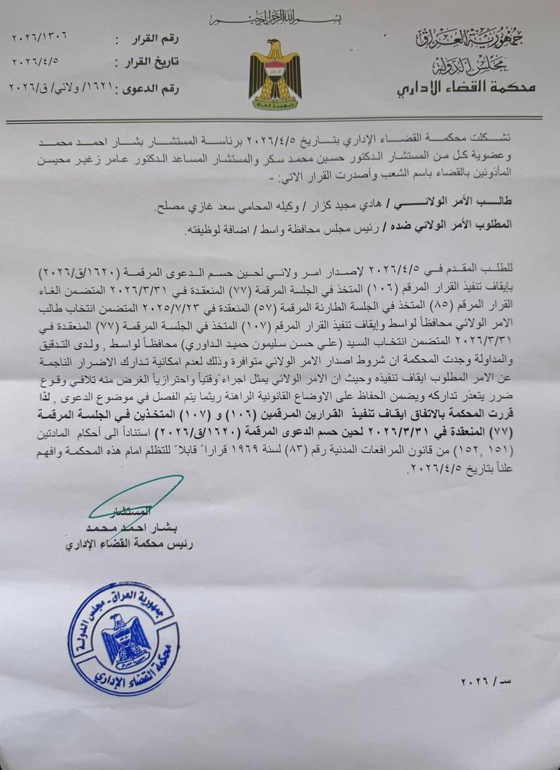علي سليمون محافظاً لواسط.. كيف ألغي قرار إيقاف إقالة الهماشي؟