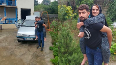 گەنجێک بە کۆڵ دایکی دەباتە باخ و کێوەکانی هەورامان