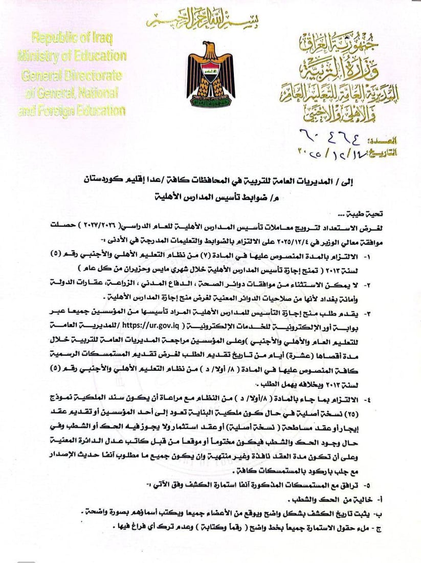 المساحة 1000 م2 فأكثر.. التربية تحدد ضوابط تأسيس المدارس الأهلية