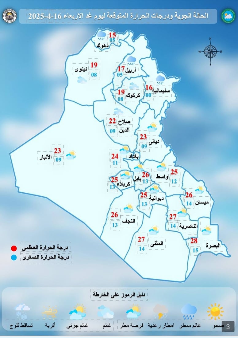 طقس العراق: صحو في الوسط والجنوب وممطر شمالاًَ مع ثلوج على المرتفعات