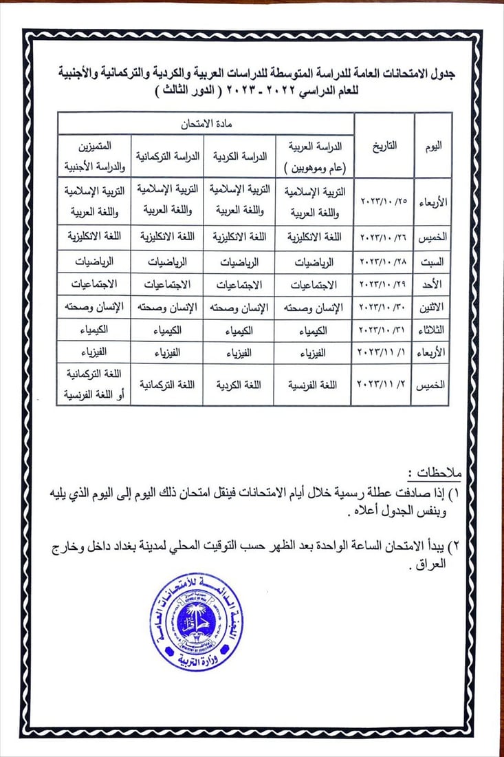 التربية تنشر جدول امتحانات الدور الثالث لمرحلتي السادس الابتدائي والثالث المتوسط