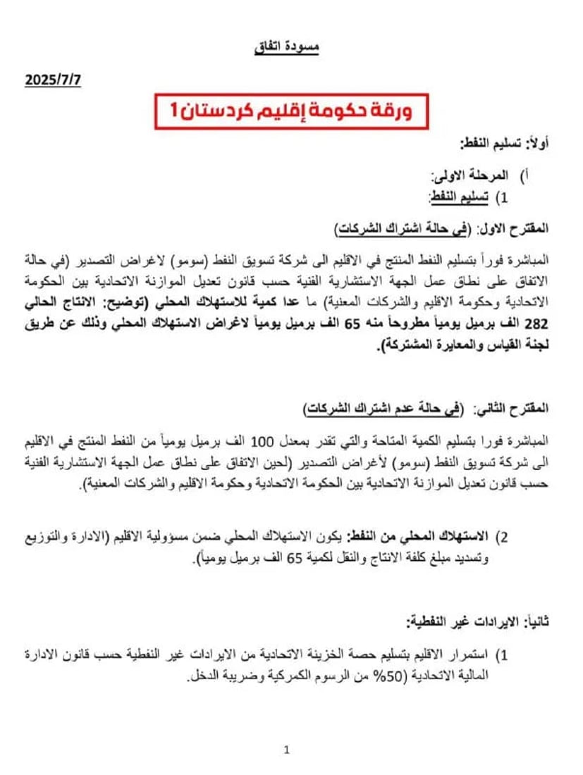 نص ورقتي الاتفاق بين بغداد وأربيل اللتين ناقشهما مجلس الوزراء