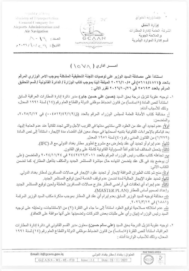 عقوبات على مدير مطار بغداد السابق.. إحالة إلى النزاهة وتوبيخ موظفين بسبب العقود