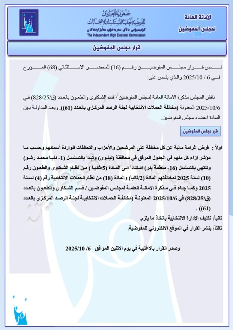 تغريم 98 مرشحاً واستبعاد آخرين.. حزمة قرارات من مفوضية الانتخابات