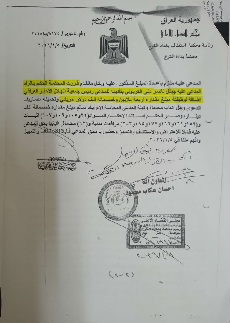 القضاء يلزم جمال الكربولي بإعادة 4.5 مليون دولار للهلال الأحمر