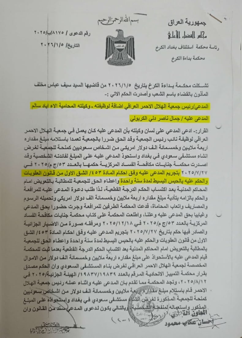 القضاء يلزم جمال الكربولي بإعادة 4.5 مليون دولار للهلال الأحمر