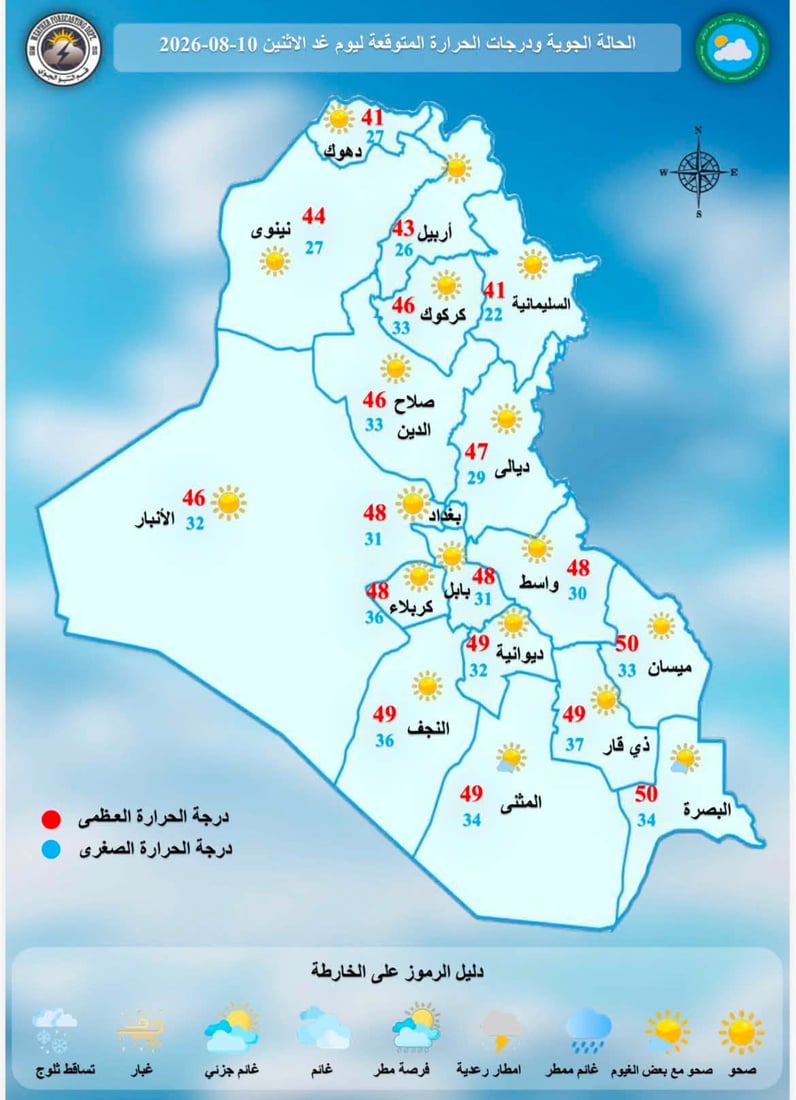 طقس العراق.. الحرارة تستمر بالارتفاع وتسجل 50 في البصرة وميسان غداً