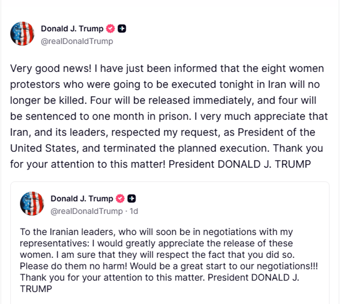ترامب يعلن استجابة إيران لطلبه: لن تعدم النساء المتظاهرات
