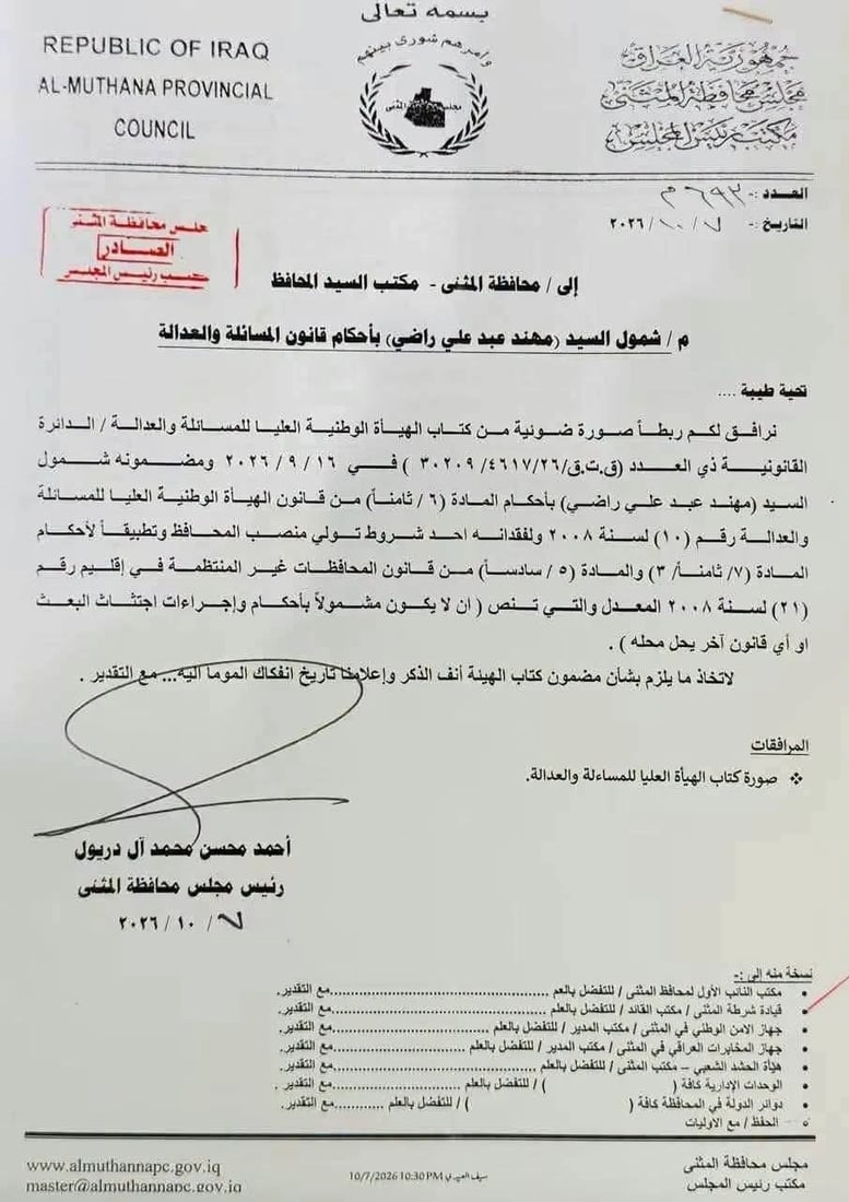 شمول محافظ المثنى باجتثاث البعث والمجلس يوجه بإنهاء مهامه