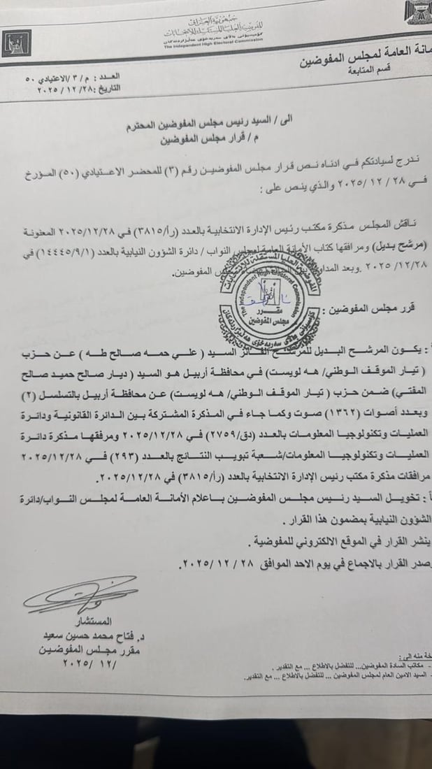 ثلاثة نواب جدد يعتمدهم مجلس المفوضين بديلاً عن الفائزين (وثائق)