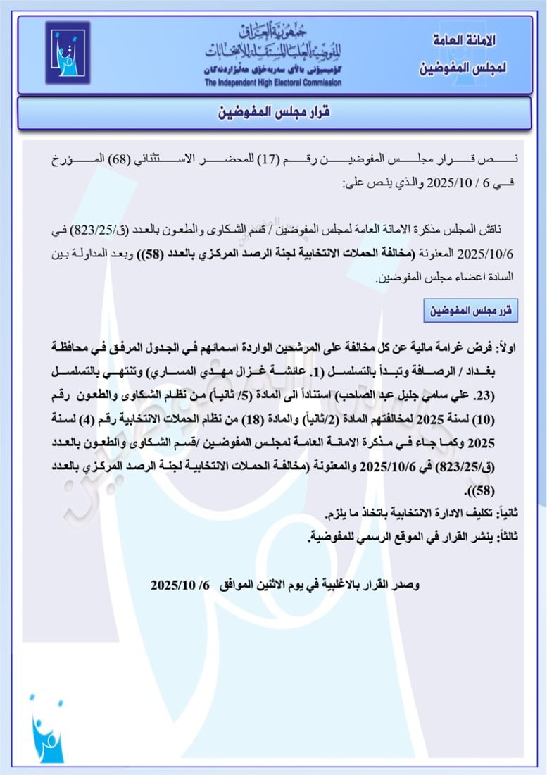 تغريم 98 مرشحاً واستبعاد آخرين.. حزمة قرارات من مفوضية الانتخابات