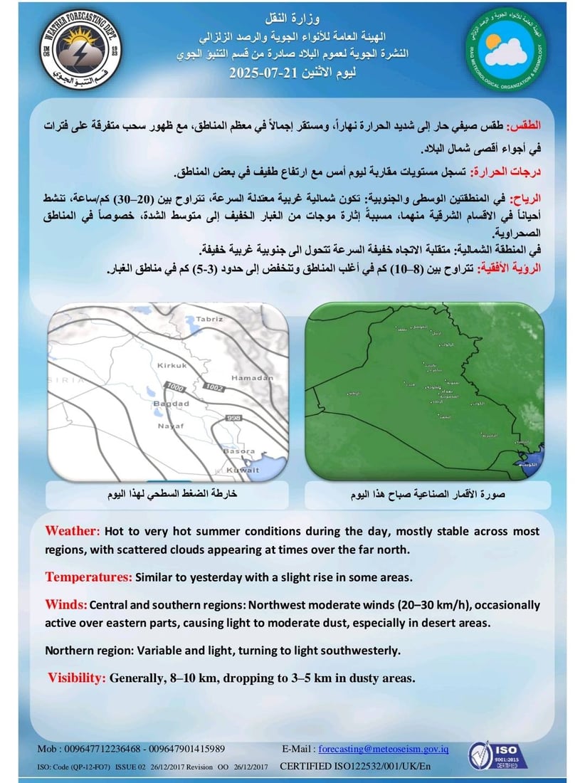 طقس العراق: الأجواء صحوة والحرارة ترتفع مجدداً في الوسط والجنوب