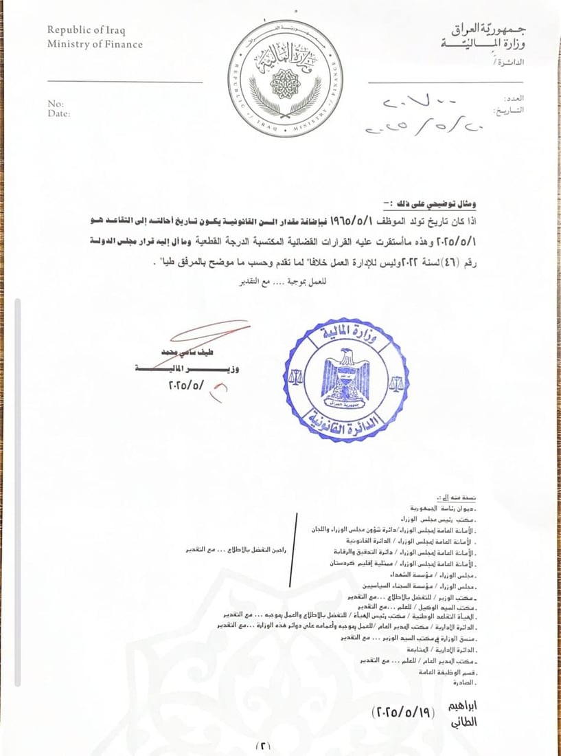 إتمام 60 عاماً وليس إدراك اليوم الأول منها.. توضيح من المالية عن سن التقاعد