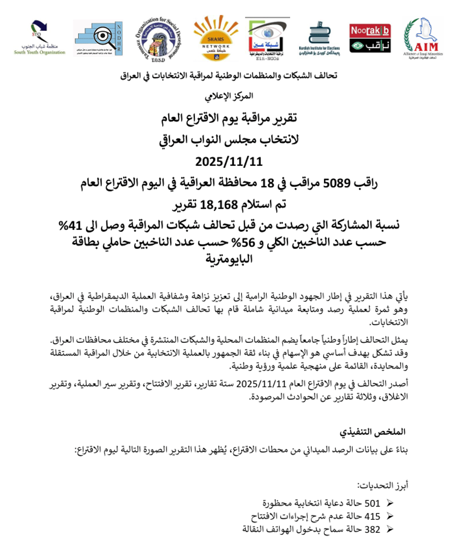 تحالف شبكات المراقبة يصدر تقريره حول يوم التصويت العام