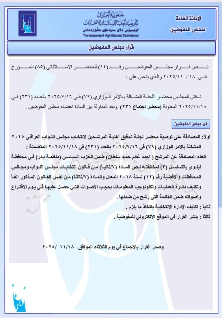 استبعاد مرشح هادي العامري في نينوى وغرامة 50 مليوناً على تحالف يزن مشعان