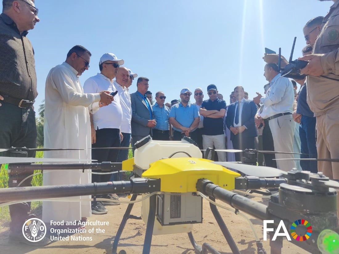 “درون” لرش السماد فوق حقول العنبر.. “فاو” تساعد فلاحي النجف على تقليل الكلفة