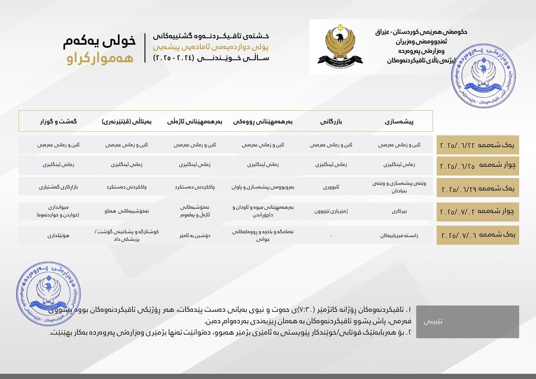 خشتەى نوێى تاقیکردنەوەکان راگەیەندرا