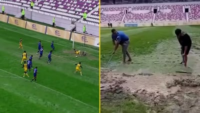 فيديو: الأمطار تغرق ملعب المدينة والحكم يصر على إكمال مباراة الجوية والكرخ