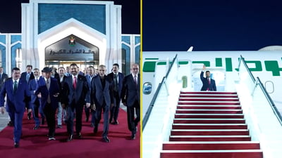 شاهد.. الزيدي يلوّح بيده من سلم الطائرة قبيل المغادرة للقاء ترامب