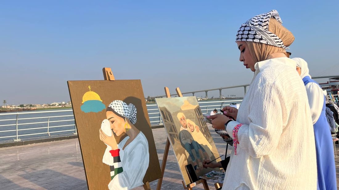 75 فناناً في البصرة يرسمون “ملائكة فلسطين”.. صور بألوان فانكوخ على الكورنيش