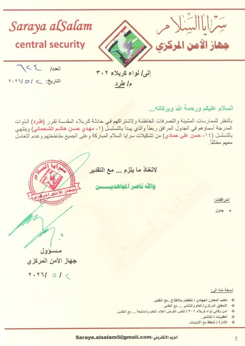 السرايا تطرد 14 عنصراً وتنشر أسماءهم وصورهم بسبب أحداث كربلاء