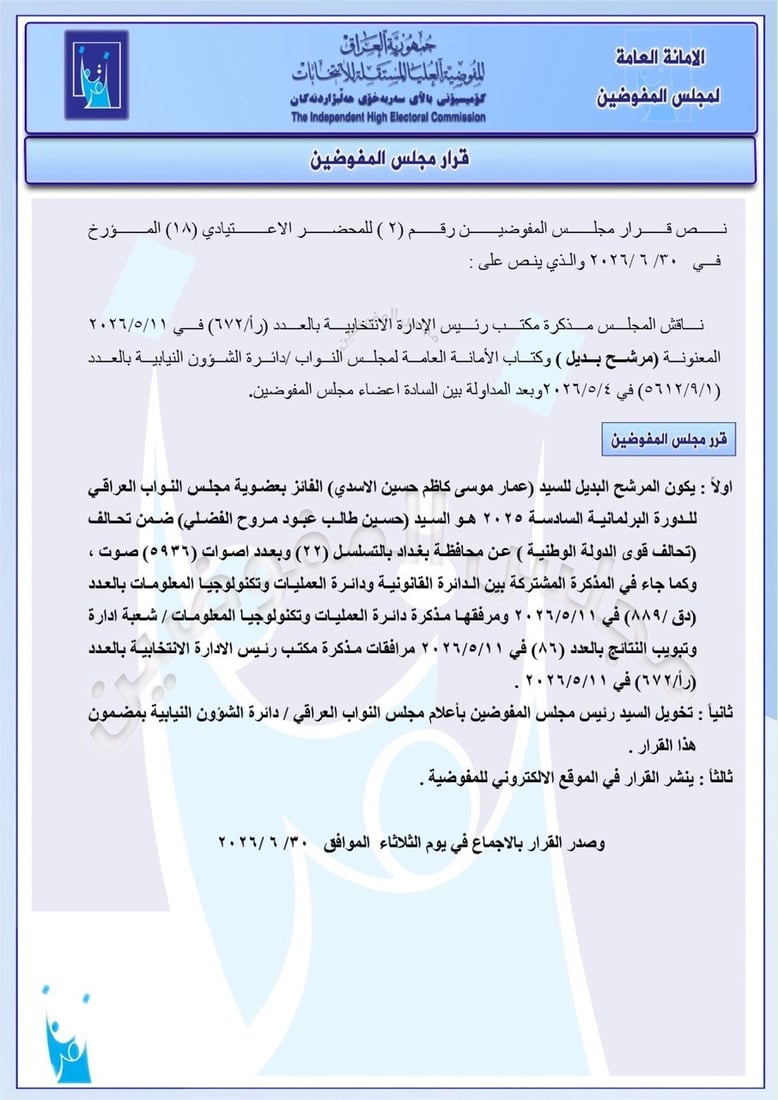 المفوضية تنشر أسماء بدلاء الوزراء في مجلس النواب