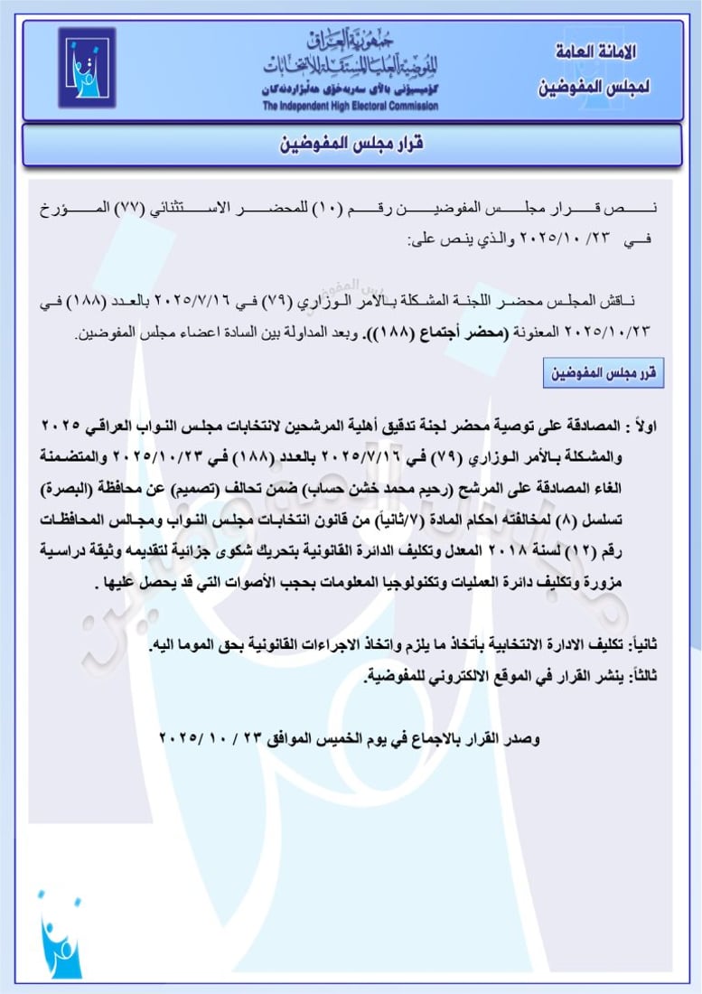 مفوضية الانتخابات تعيد سجاد سالم وتستبعد مرشحين من تصميم ودولة القانون
