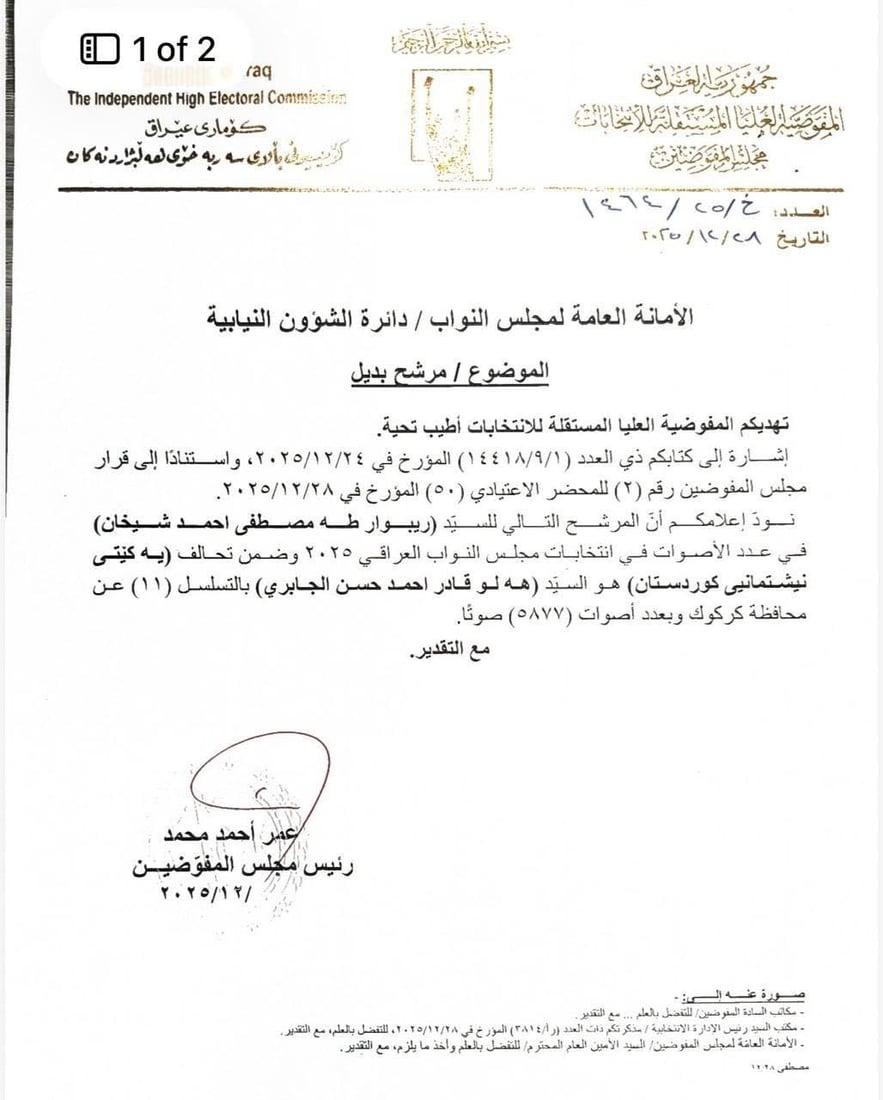 محافظ كركوك يتنازل عن مقعده في البرلمان إلى مرشح احتياط