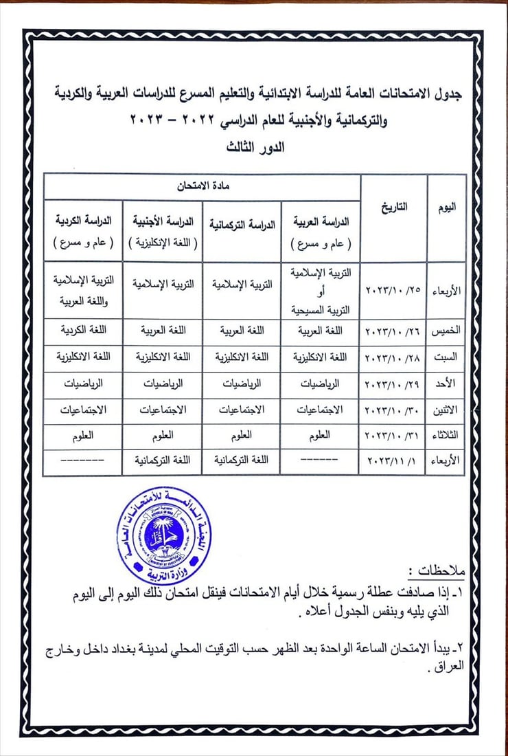 التربية تنشر جدول امتحانات الدور الثالث لمرحلتي السادس الابتدائي والثالث المتوسط