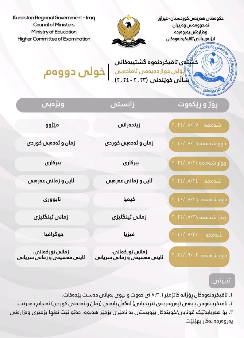 خشتەی تاقیکردنەوەکانی خولی دووەمی پۆلی 12ی ئامادەیی بڵاوكرایەوە