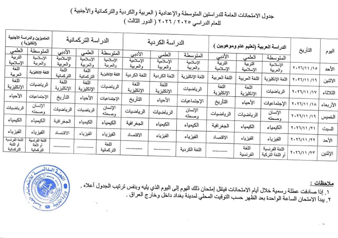 التربية تعلن جداول امتحانات الدور الثالث لجميع المراحل الدراسية