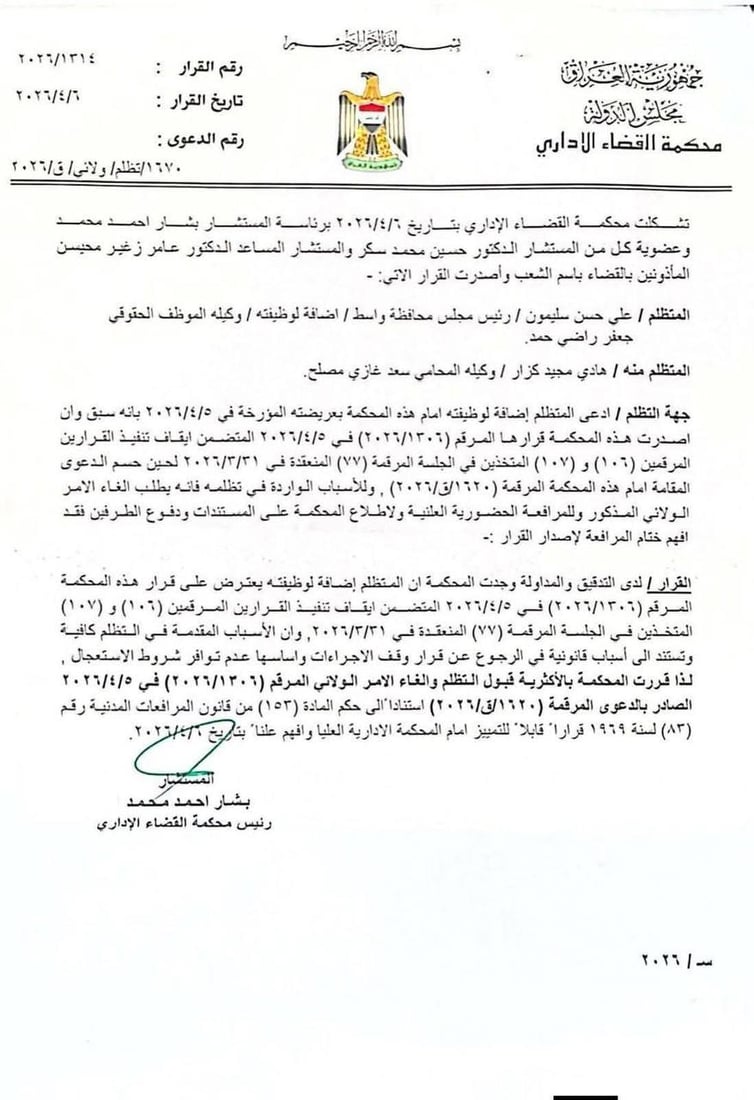 علي سليمون محافظاً لواسط.. كيف ألغي قرار إيقاف إقالة الهماشي؟