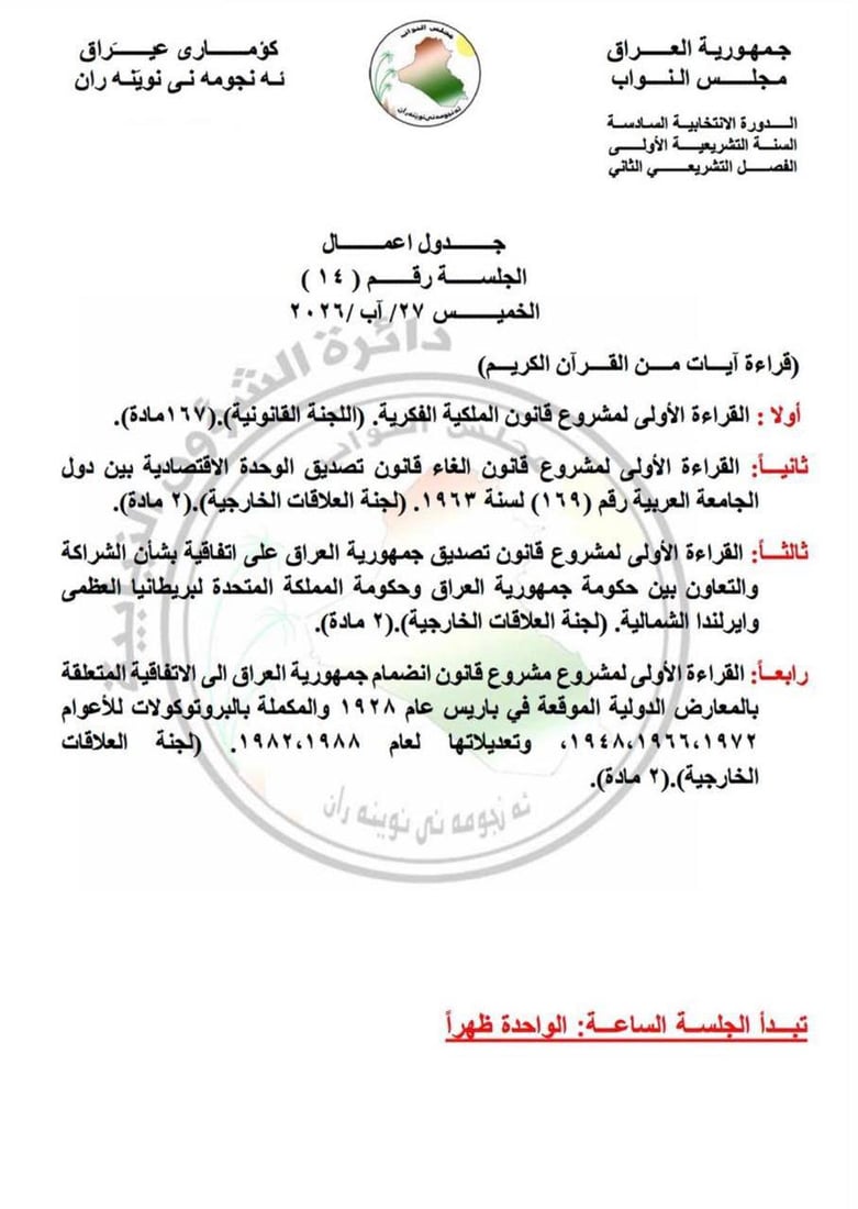 لا يتضمن قوانين الحشد.. جدول أعمال البرلمان للجلسات الثلاثة المقبلة