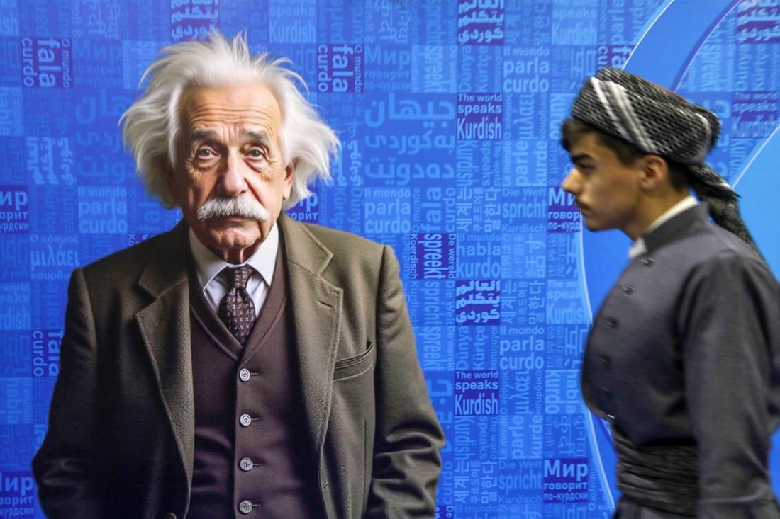 A visitor walks past a poster depicting late German-born physicist Albert Einstein during the 17th Arbil International Book Fair, in the capital of the autonomous Kurdish region of northern Iraq, on April 9, 2025. (Photo by Safin HAMID / AFP)