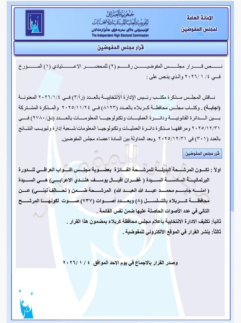 المفوضية تعلن أسماء المرشحين البدلاء لعضوية البرلمان