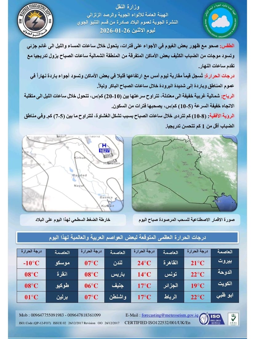 أمطار وثلوج مرتقبة شمالاً وأجواء باردة في عموم العراق
