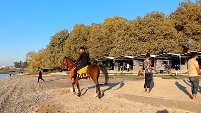فيديو: كركوك تمضي العطلة بركوب الخيل والنزهة على شواطئ ألتون كوبري رغم البرد