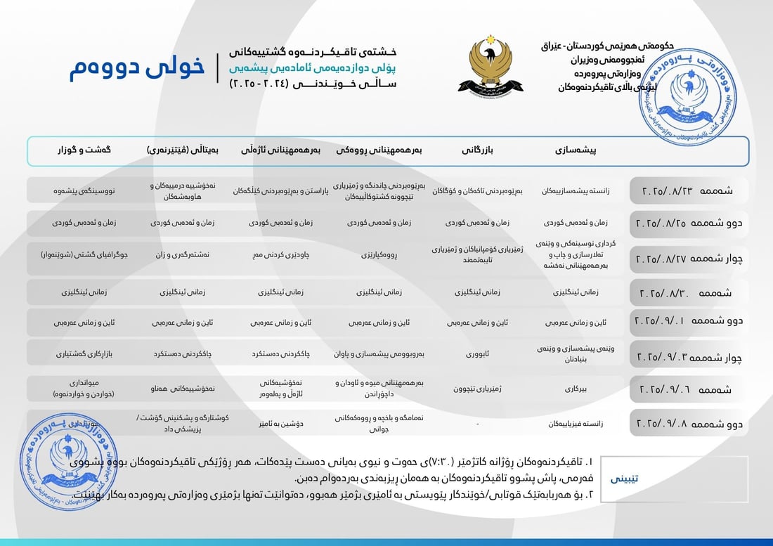 خشتەی تاقیکردنەوە گشتییەکانی قۆناغی 12ـی ئامادەیی راگەیەندرا