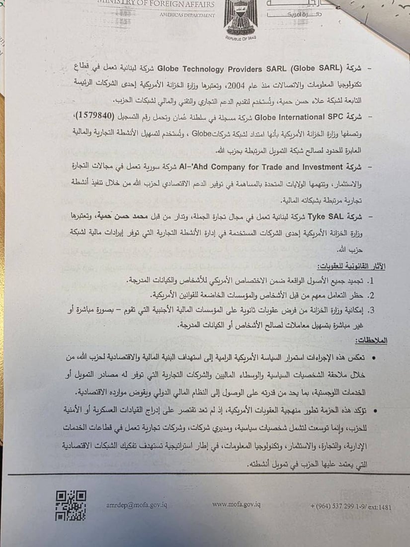 العراق: عقوبات على كيانات مرتبطة بتمويل حزب الله اللبناني
