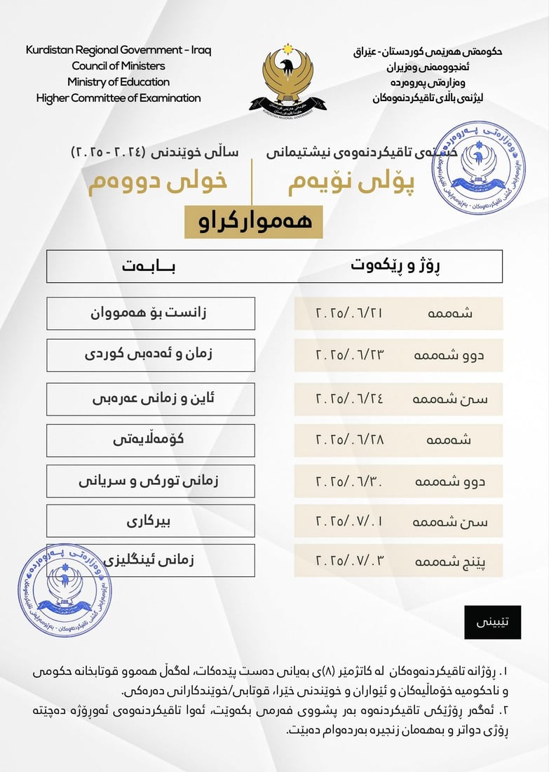 خشتەى نوێى تاقیکردنەوەکان راگەیەندرا