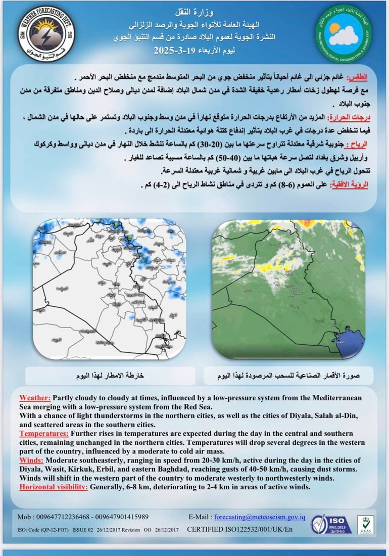 العراق تحت تأثير منخفضين جويين.. أمطار وغبار في مناطق متفرقة