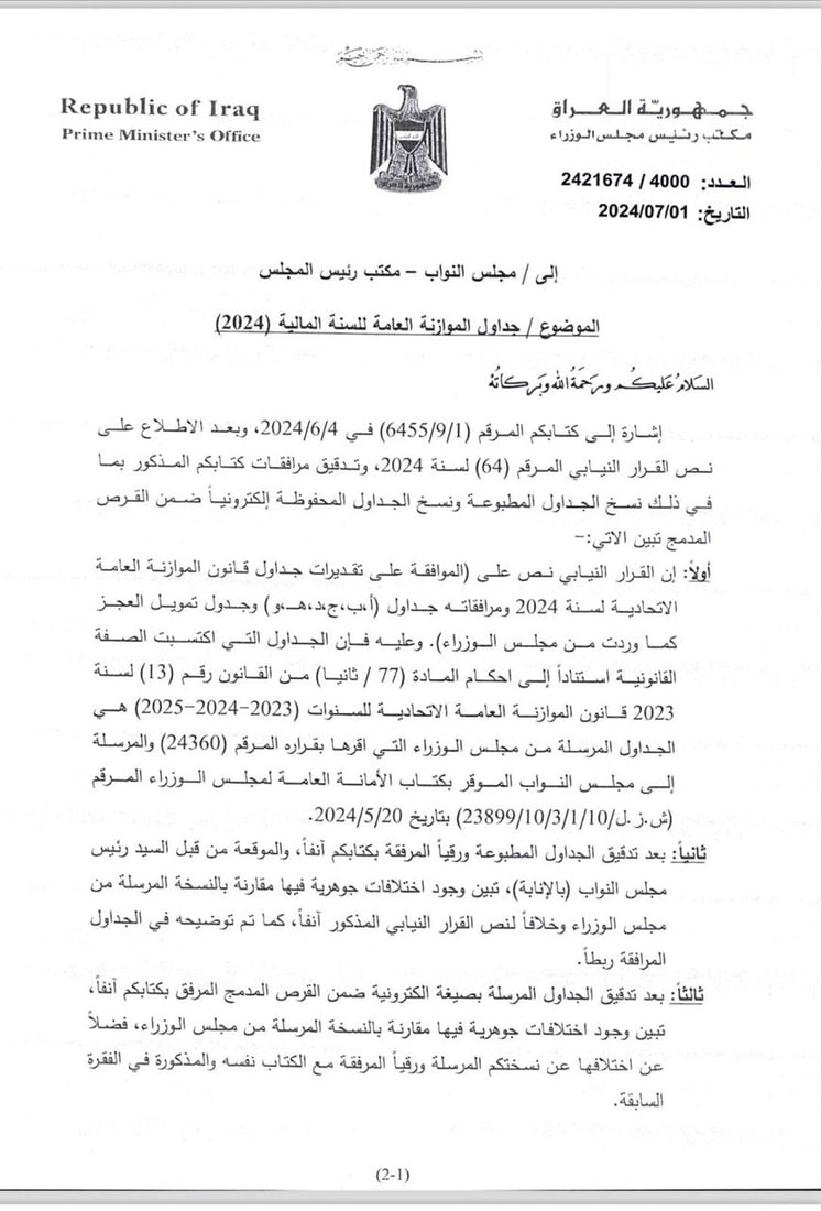السوداني اكتشف اختلافاً بين 3 نسخ من الموازنة وطلب من البرلمان التوضيح