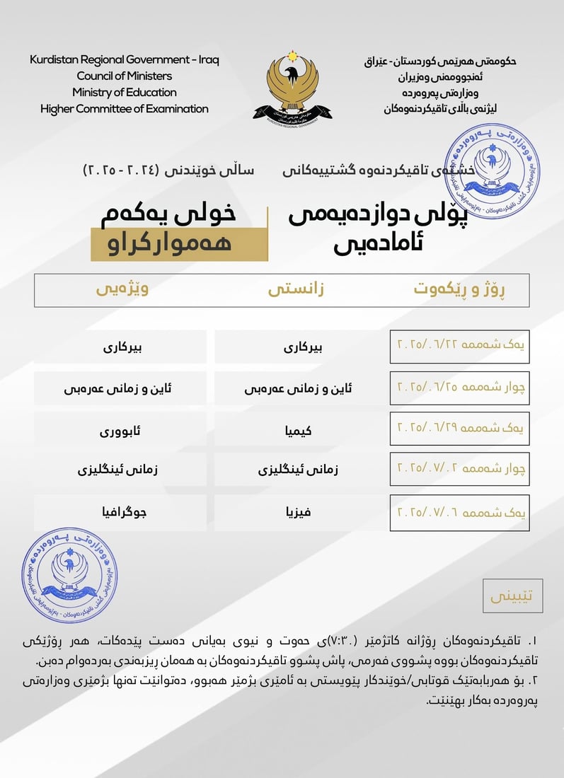 خشتەى نوێى تاقیکردنەوەکان راگەیەندرا